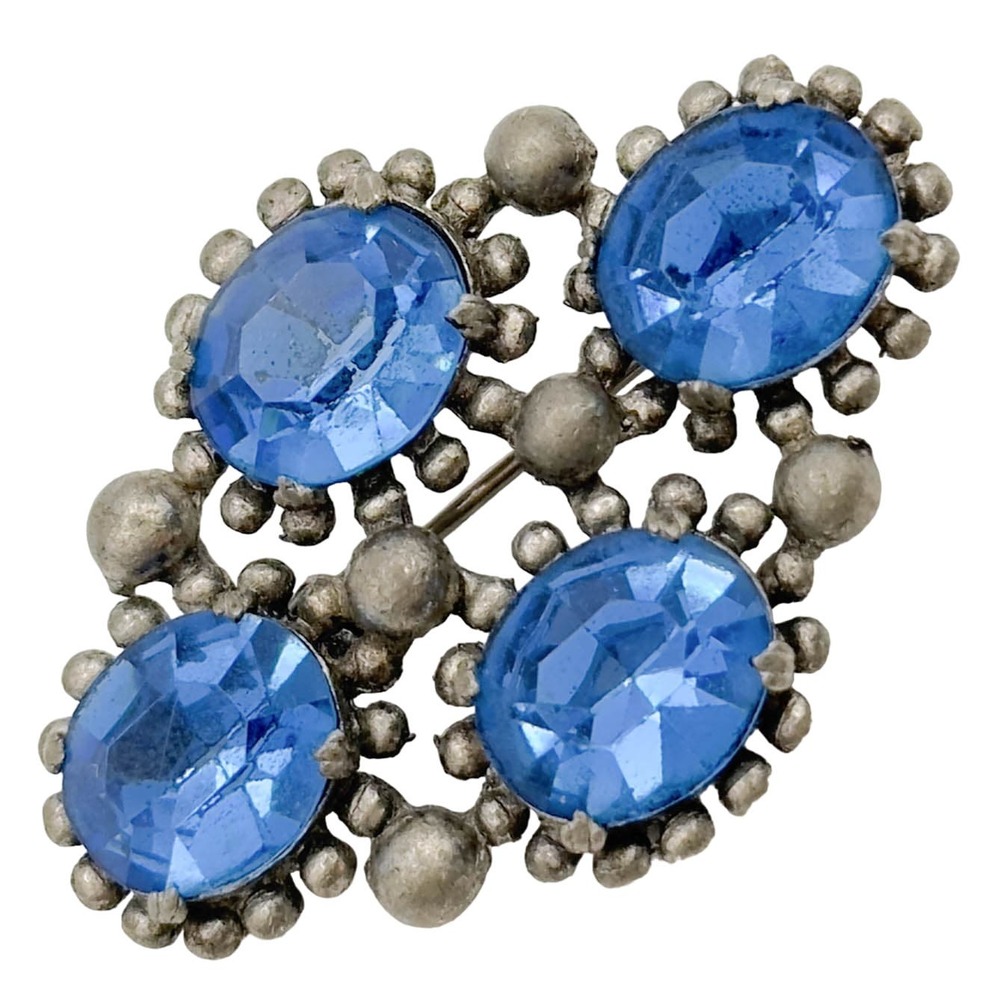 Vintage Paul Sargent Brooch Pot Metal w Blue Faceted Rhinestone Cabochons c1940s